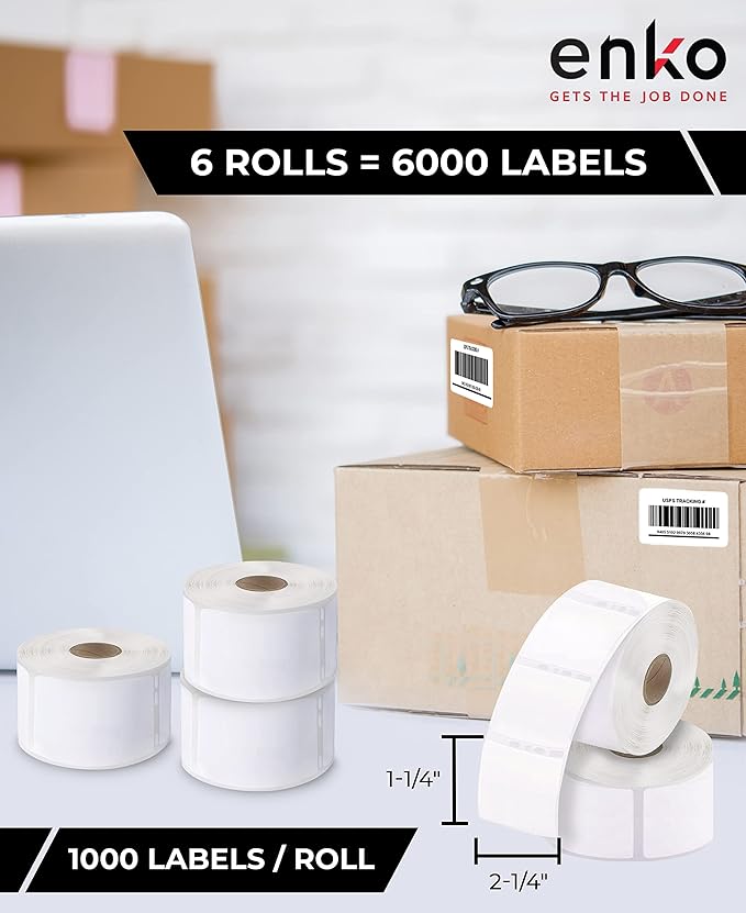 enKo (6 Rolls / 6000 Labels) 30334 Dymo Compatible Multipurpose Barcode (1-1/4" x 2-1/4")