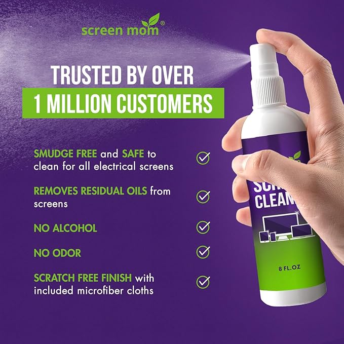 Screen Mom Cleaner Spray and Microfiber Cloth 8oz, Streak-Free Car Screen Cleaner Spray and Wipe for TV, Computer, Car, Phone, iPad, MacBook Laptop Cleaning Kit Electronic Devices Phone Cleaners