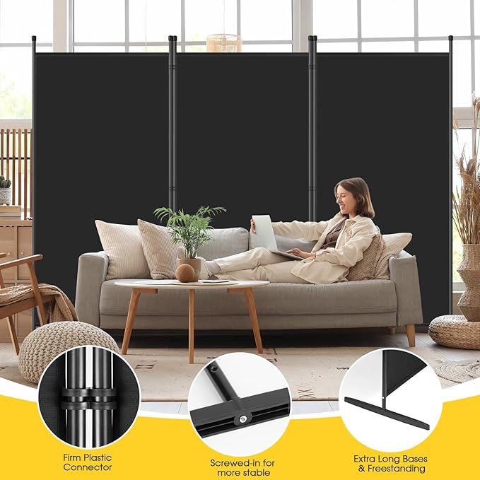 AKTOP 3-Panel Room Divider, Freestanding Wall Divider for Room Separation, Folding Privacy Partition Screen 70''W x 102''H, Portable Room Divider Panel Privacy Screen for Dorm Studio Office, Black