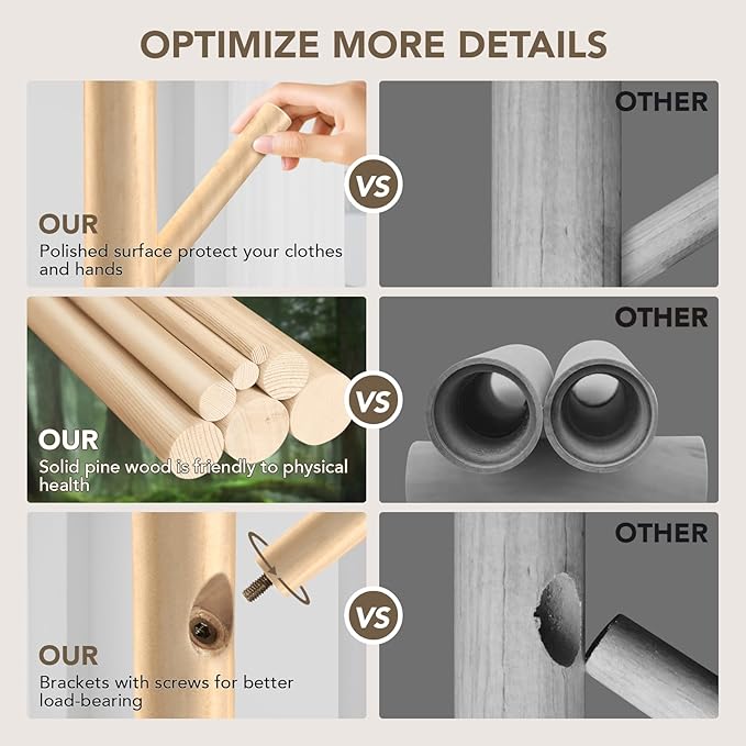 Wooden Tree Coat Rack Stand,Sturdy Freestanding Coat Rack with 8 Hooks,3 Adjustable Height for Child Adult,Wood Coat Stand Tree Fits Entryway Bedroom Office for Bags,Hats