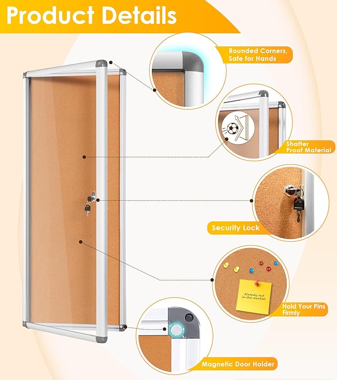 SWANCROWN Locking Bulletin Board Tamper-Proof Notice Board Cork Display Case Wall-Mounted for K12 Office Dentists, 38x14 inch