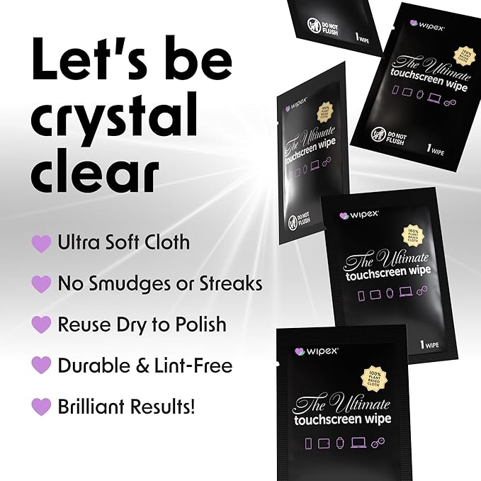 Wipex Ultimate Car Screen Cleaner - 48ct Auto Screen Wipes, Streak-Free & Residue-Free, Plant-Based Black Cloth for Interior, Mirrors & Dashboard, 24ct Individually Wrapped (Pack of 2)