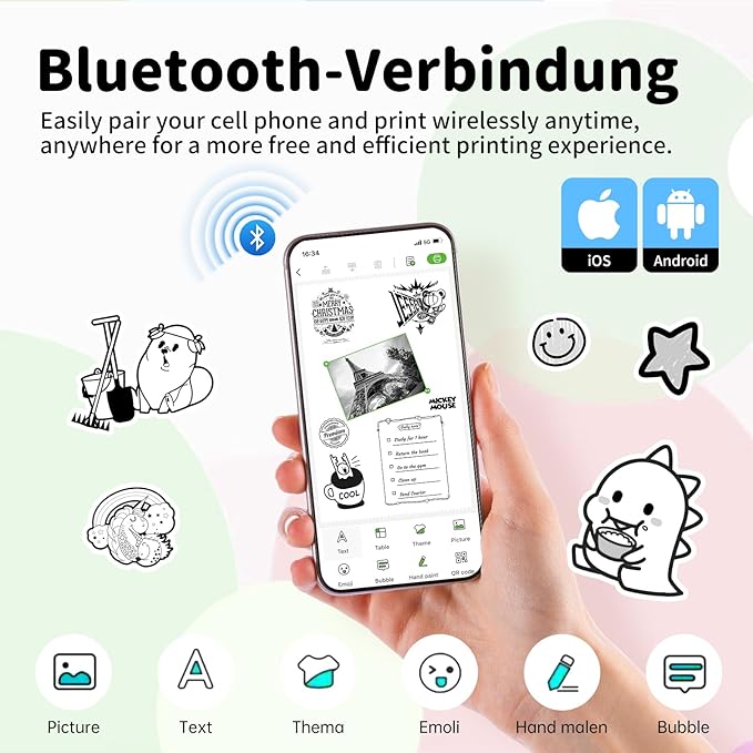 iDPRT Portable Mini Thermal Sticker Printer, Bluetooth Inkless Printers with 1 Roll Sticker Paper, Sticker Machine Efficiently and Quickly, for Notes, Journal, DIY, Kids Gift