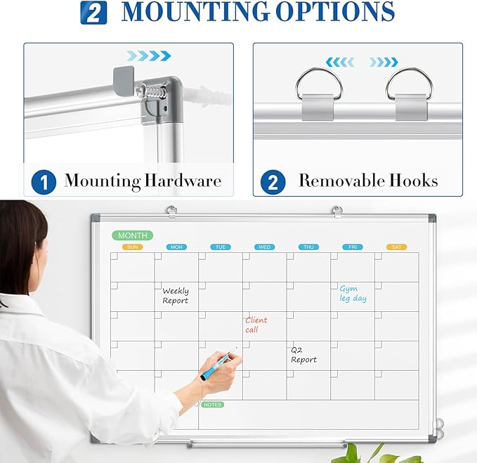 WALGLASS Dry Erase Calendar Whiteboard for Wall, 36" x 24" Double-Sided Monthly Calendar White Board with Silver Aluminum Frame, Hanging or Wall Mount Large Whiteboard for Home, Office, School