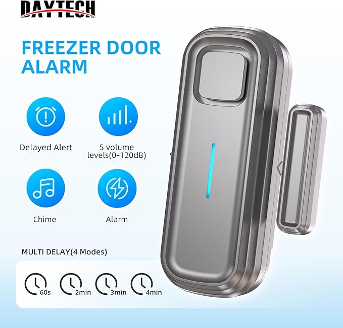 Daytech Refrigerator & Freezer Door Alarm - 1-4 Minute Adjustable Delay, 0-120dB Alarm, 3-Pack for Home, Supermarket & Business (Grey)