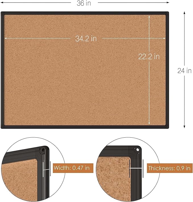 Board2by 2-Pack Cork Board Bulletin Board 24 x 36, Black Aluminium Framed 2 x 3 Corkboard, Office Board for Wall Cork, Large Wall Mounted Notice Pin Board with 32 Push Pins for School, Home & Office