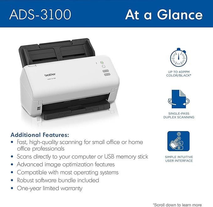 Brother ADS-3100 High-Speed Desktop Scanner | Compact with Scan Speeds of Up to 40ppm, White
