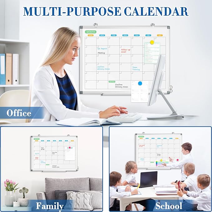 WALGLASS Dry Erase Calendar Whiteboard for Wall, 24" x 18" Double-Sided Monthly Calendar White Board with Silver Aluminum Frame, Hanging or Wall Mount Whiteboard for Home, Office, School
