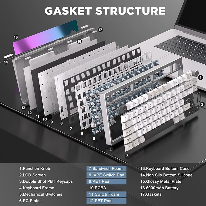 YUNZII AL80 Wireless Mechanical Keyboard,Full Aluminum CNC, Smart LCD Display,Hot Swappable Gasket Mount 75% Layout with Knob,BT/2.4G/USB-C,QMK/VIA Support for Win/Mac (Silver, Gateron Zero Switch)