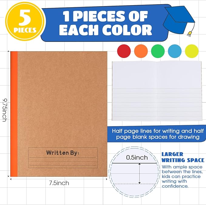 Henoyso 5 Pcs Primary Composition Notebook 9 3/4 x 7 1/2 Inch Kids Journal, Back to School Supplies, K-2 Primary Writing Notebook for Kids Student Draw and Write Story Journal (Bright Color)