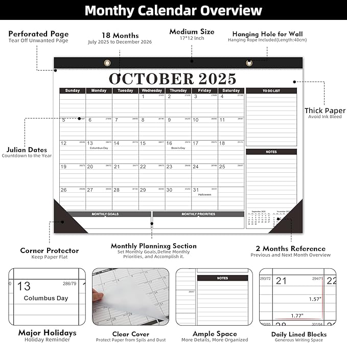 Tcamp Desk Calendar 2025-2026 from July 2025 to December 2026, Large 17" x 12" Wall Calendar with Julian Dates, 18 Months Desk Planner for Home School Office Desktop, Christmas Gifts