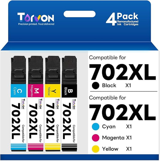 Remanufactured Ink Cartridge Replacement for Epson 702 Ink Cartridges 702XL 702 XL T702XL Compatible with Workforce Pro WF-3720 WF-3730 WF-3733 Printer(4 Pack)