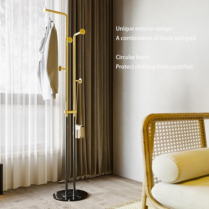 Coat Rack Stand,Black and gold Clothing Rack Freestanding with Marble Base,Metal Coat Hanger Rack,coat tree for Entryway Bedroom Hotel Hall