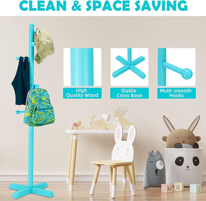 Kids Coat Rack, Freestanding Coat Racks with 8 Hooks 2 Adjustable Height, Tree Coat Rack for Bedroom, Hallway, Entrance, Office, Hats, Handbags,Purse (Blue)