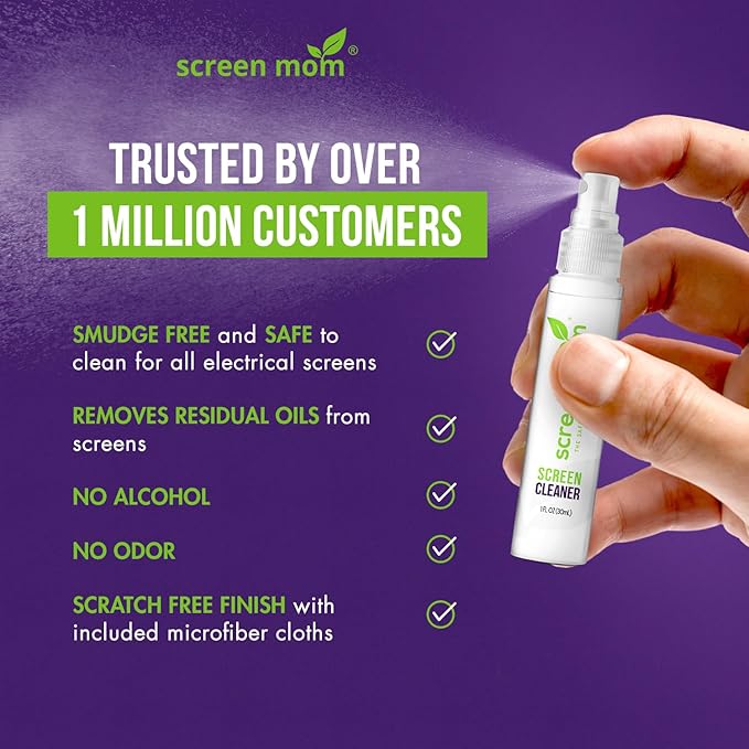 Screen Cleaner Spray and Microfiber Cloths 2-Pack (2x1oz) by Screen Mom-Screen Cleaner Spray and Wipe for TV, Computer, Phone, iPad, Car Screen Cleaning Kit Electronic Cleaner Spray