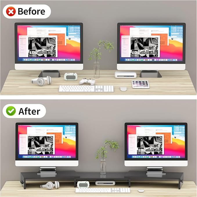 Pholiten Dual Monitor Stand Riser for 2 Monitors，Desktop Monitor Stand with Adjustable Length and Swivel Angles, Extra Long Multifunctional Stand up to 48.2" fit Computer Laptop Printer Max 44 lbs