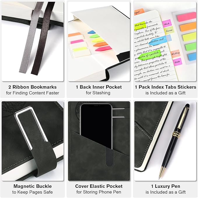 Lined Notebook Journal for Men Women, 365 Pages Numbered College Ruled Notebook, Hardcover Leather Journal with Pen & Gift Box, Thick Daily Diary, Professional Notebooks for Work, School, Business, A5