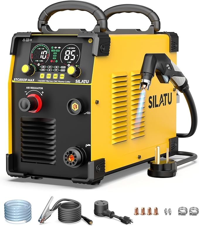 SILATU CNC Plasma Cutter Machine, 85Amp Blow Back Pilot Arc Air Sensor Technology, Large Screen Display,110V/220V Dual Voltage Non-Touch CNC Plasma Cutting Machine, 1 Inch Cutting Thickness
