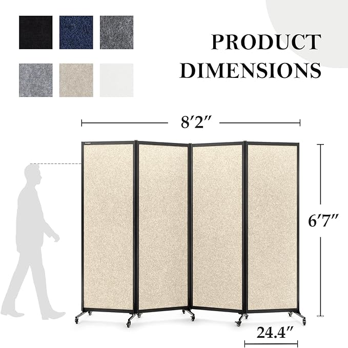 Upgrade Version Room Partition and Divider, Freestanding Rolling Dividers with Wheels,Office Privacy Screen Divider Wall,Classroom Felt Dividers,8'2"L* 6'7"H,4 Panel，Beige