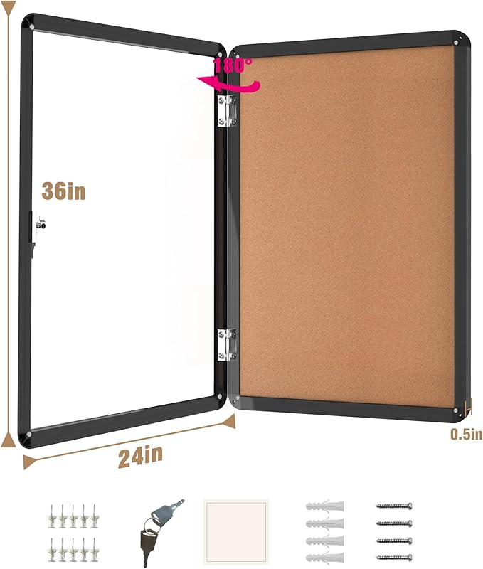 36"x24" Enclosed Bulletin Board, Lockable Weather-Resistant Aluminum Cork Noticeboard for School & Office, Black Frame w/Cork
