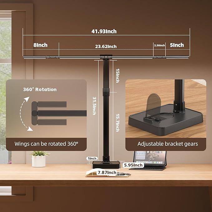 LED Desk Lamp for Home Office - 24W Bright Double Head Desk Light with Clamp Eye Caring Architect Task Light 25 Lighting Modes Adjustable Flexible Gooseneck Lamp (All Black)