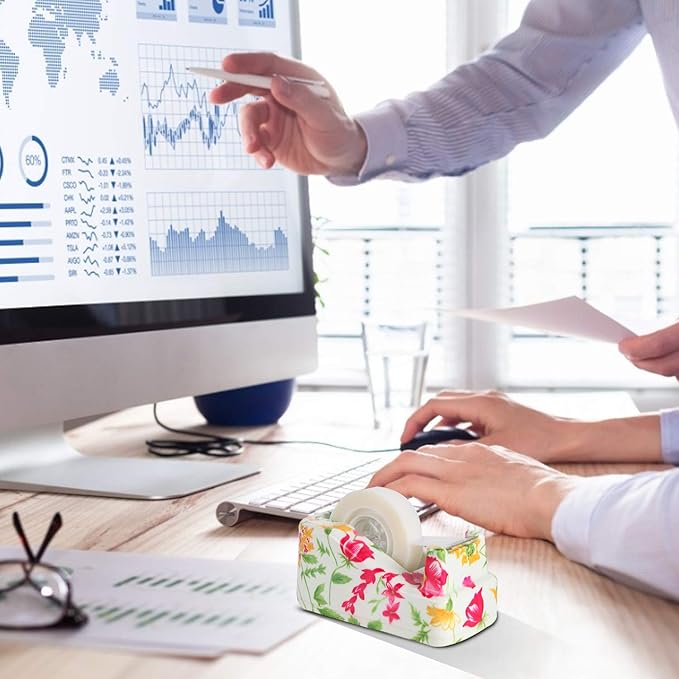 VIBRANZ-LAB Cute Tape Dispenser Desk Cute Home Office Desk Supplies Fun Desk Accessories Floral Tape Dispenser Cute Office Supplies for Women Desk Weighted Non-Skid Non-Slip Base Tape Dispensers