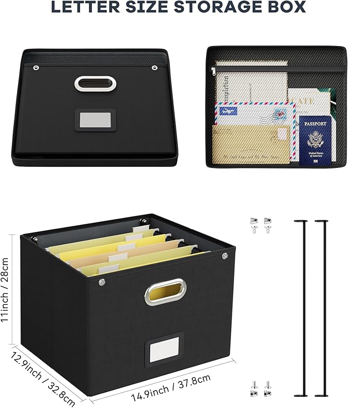 2 Pack File Organizer Box with Lid, Large Hanging Filing Box with Mesh Pocket, Document Organizer for Letter Files, Portable Storage Case for Office&Home (Black)