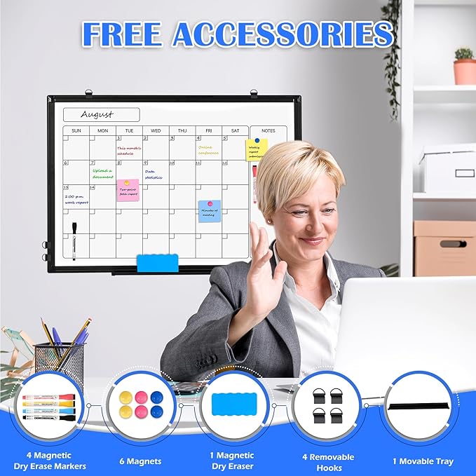 Monthly Calendar Dry Erase Whiteboard, 36" x 24" Magnetic Calendar White Board, Double-Sided Portable Board with Black Aluminium Frame for Office, Kitchen, School, Home