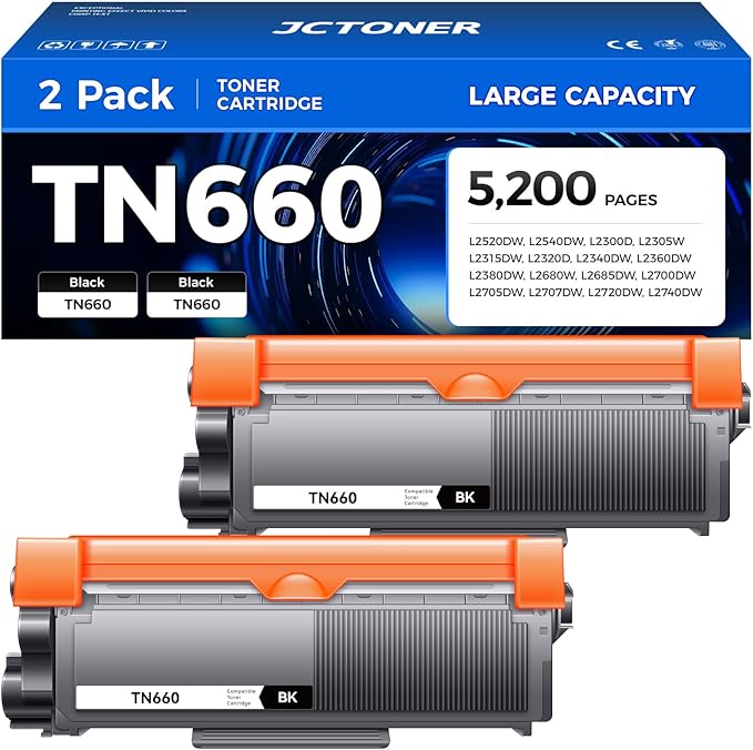 TN660 Black Toner Cartridge 2-Pack Replacement Compatible for Brother TN-660 TN630 TN-630 HL-L2380DW HL-L2320D HL-L2340DW DCP-L2540DW MFC-L2700DW MFC-L2720DW HL-L2300D HL-L2360DW DCP-L2520DW Printer