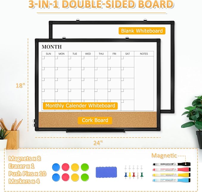 Dry Erase Calendar Board for Wall, 24"x18" Magnetic Whiteboard Calendar Double-Sided Monthly White Board with Cork Board, Black Aluminum Frame Memo Message Board for Office, Home, School