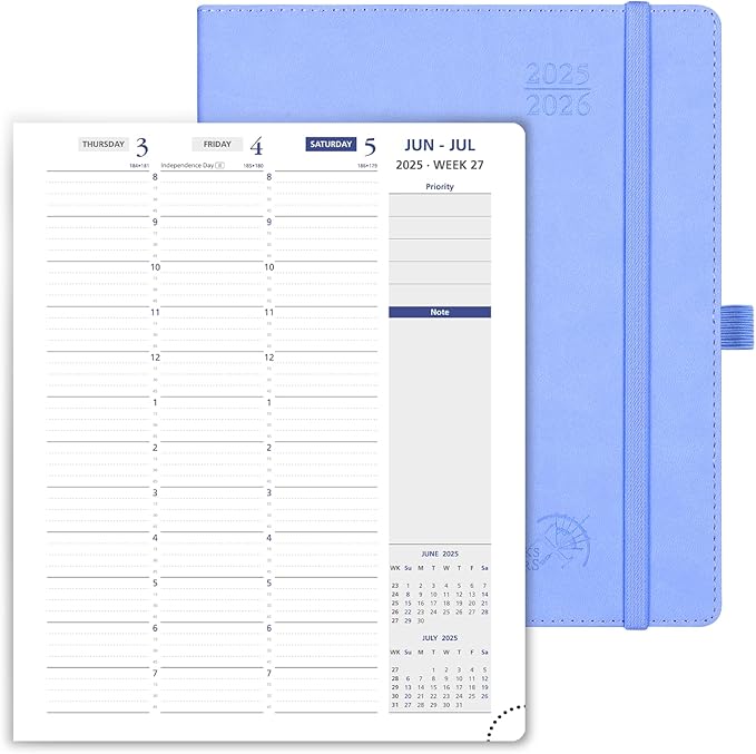 POPRUN Weekly Planner 2025-2026, 7.25'' x 8.5'', 15-Minute Hourly Appointment Book (July 2025-June 2026) with PU Leather Softcover, Monthly Tabs, Inner Pocket - Cornflower