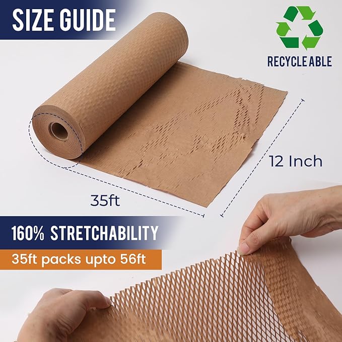 Honeycomb Packing Paper 12" x 35ft with Rope & 20 Fragile Stickers|Shipping & Moving Supplies|Small Business Packaging Supplies|Eco Friendly Bubble Wrap Packing Boxes for Moving Certified FSC C204227