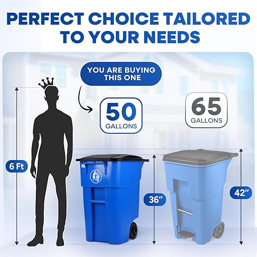 50-Gallon Recycle Rollout Trash Can with Lid, Commercial Heavy-Duty Container with Wheels, Blue