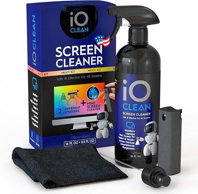 Screen Cleaner Spray (16oz + mini Cleaner) – Best Large Cleaning Kit for LCD LED OLED TV, Smartphone, iPad, Laptop, Touchscreen, Computer Monitor, Electronic Devices, Microfiber Cloth and 2 Nozzles