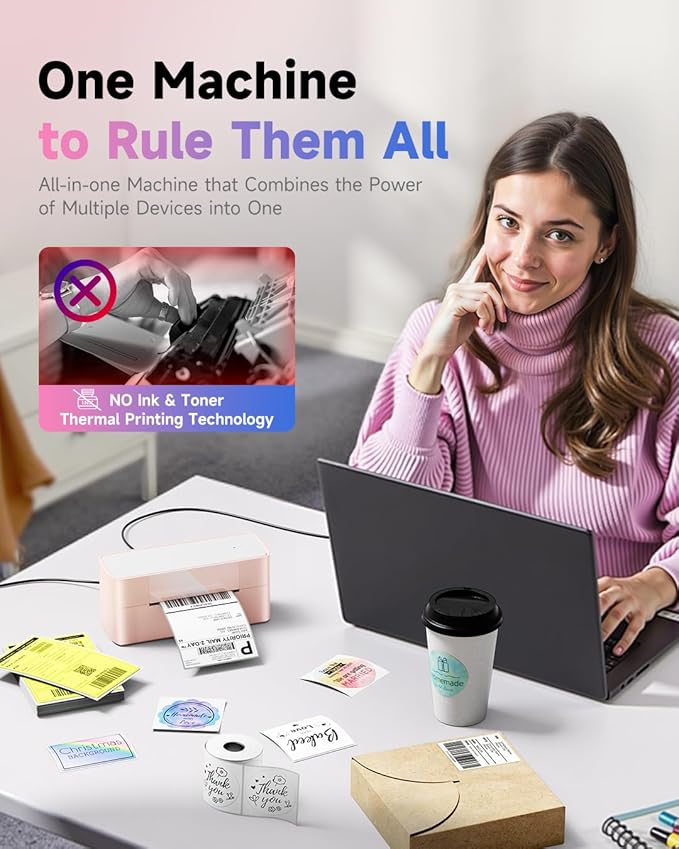 Bluetooth Thermal Label Printer Pink, Wireless 4x6 Thermal Shipping Printer Pink for Small Business & Shipping Package, Desktop Printing, Compatible with Amazon, Ebay, Shopify, Etsy, USPS