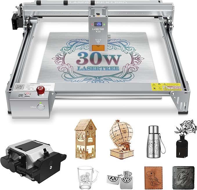 LASER TREE Laser Engraver, 30000mW（30W）Output Power Laser Engraver Machine with Air Assist Pump, High Precision Laser Cutter and Engraver for Wood & Metal Paper Acrylic Glass Leather etc，Class 4