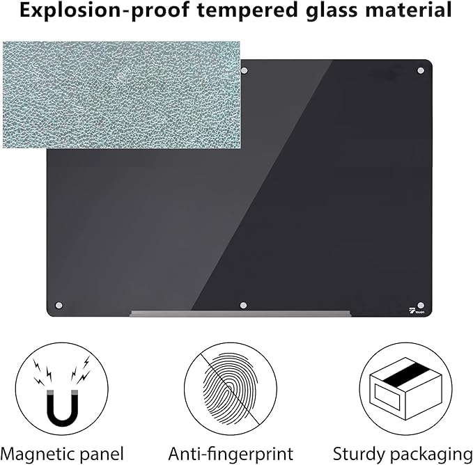 TOWON 6 x 4ft Glass Whiteboard Wall, Black Magnetic White Board Dry Erase 72 x 48 in, Big Glass Dry Erase Board with Multi-Color Markers, Strong Magnets, Pen Tray and Eraser, Frameless