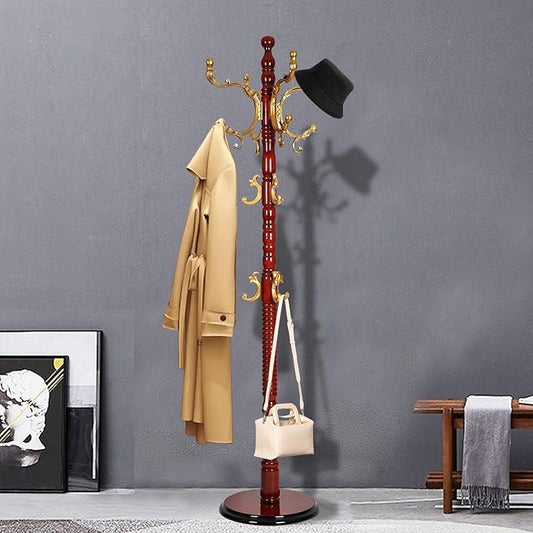 Coat Racks Free Standing with 14 Hooks, Natural Wood Coat Rack with Solid Round Base, Adjustable Height Coat Racks, Easy Assembly for Hallway, Bedroom and Office (Begonia color)