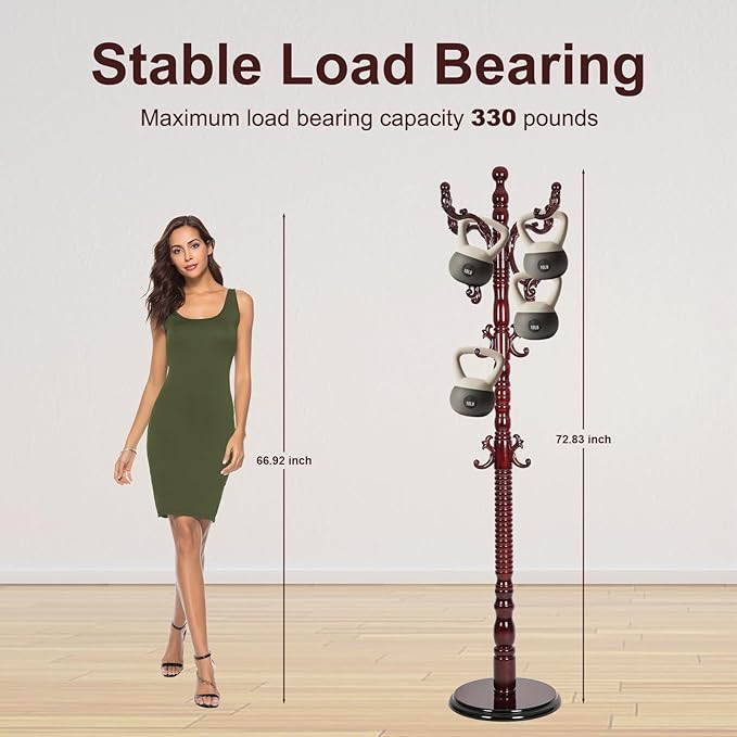 Solid Wood Coat Rack – 73" Freestanding Coat Racks Stand with 14 Hooks & Stable Round Base, Adjustable Height Modern Wooden Hall Tree for Entryway, Bedroom, Office, Home (Mahogany Round)