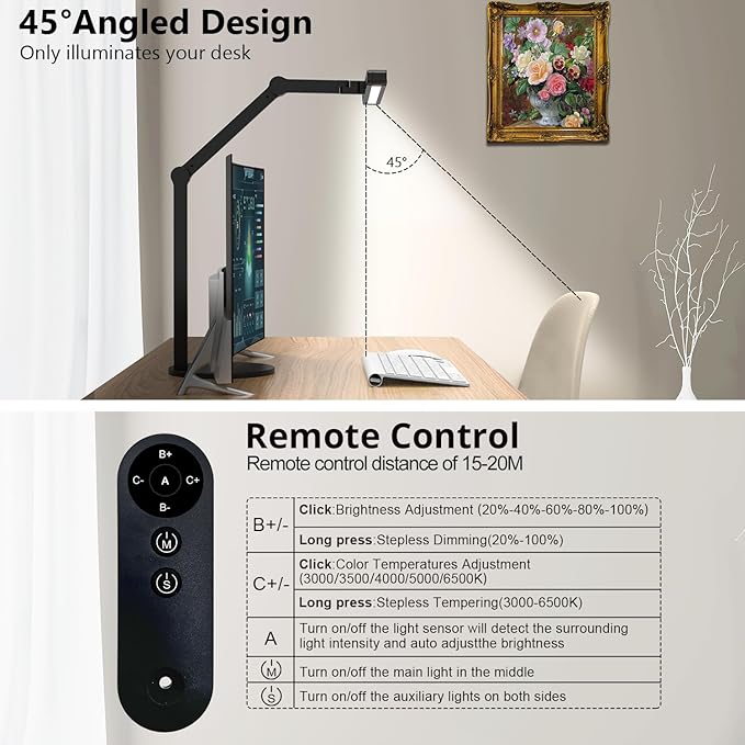 Micomlan Architect Desk Lamp with Remote Control, Adjustable Led Desk Light for Home Office with Base, 24W Bright Auto Dimming Table Light Rotatable Office Lamp with Swing Arm for Computer Cafting