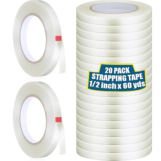 Treela 20 Rolls 1/2 Inch x 60 Yards Filament Strapping Tape Transparent Reinforced Fiberglass 5.5 Mil Heavy Duty Packing Shipping Tape for Sealing Binding Fixing