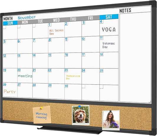 XBoard Dry Erase Calendar Whiteboard 36 X 24 - Combo White Board Calendar Monthly, Magnetic White Board + Corkboard with Black Aluminum Frame, 10 Colorful Push Pins & Marker Tray Included