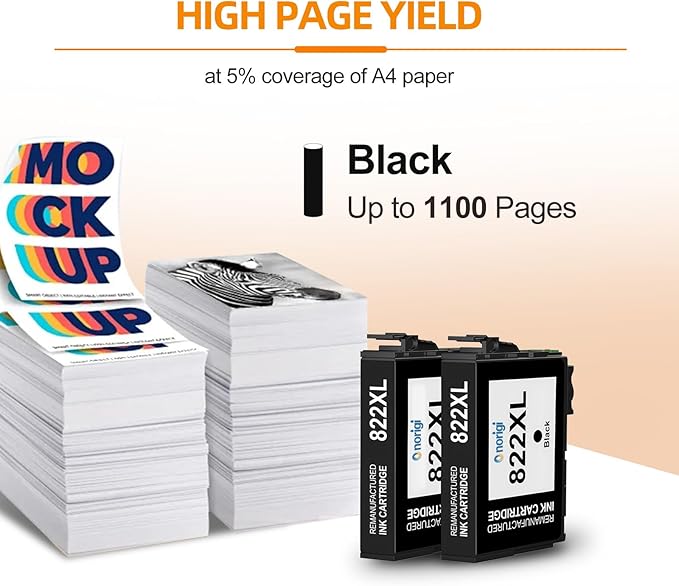 Remanufactured Ink Cartridges Replacement for Epson 822 822XL Ink Cartridges for Workforce Pro WF-3823 WF-4833 WF-4830 WF-4820 (2Black)