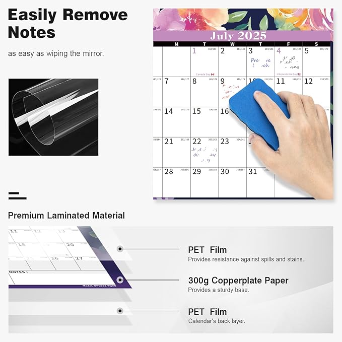 Ospelelf 32'' x 48'' Large Dry Erase Calendar for Wall 2025-2027, 2 Year Laminated Calendars Monthly Family Calendar for Office, Use July 2025 - June 2027 (Floral)