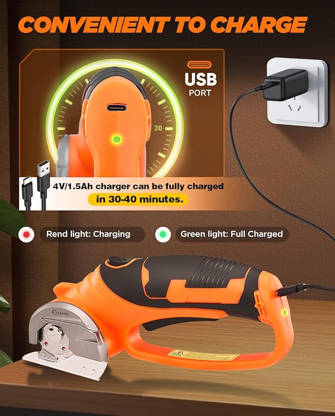 Saker Electric Box Cardboard Cutter,Cordless Elwetric Scissors for Fabric Leather Paper Plastic - Card Board Cutter Tool with 4V Recharged Battery - Safety Lock and LED Light for Cutting,Orange