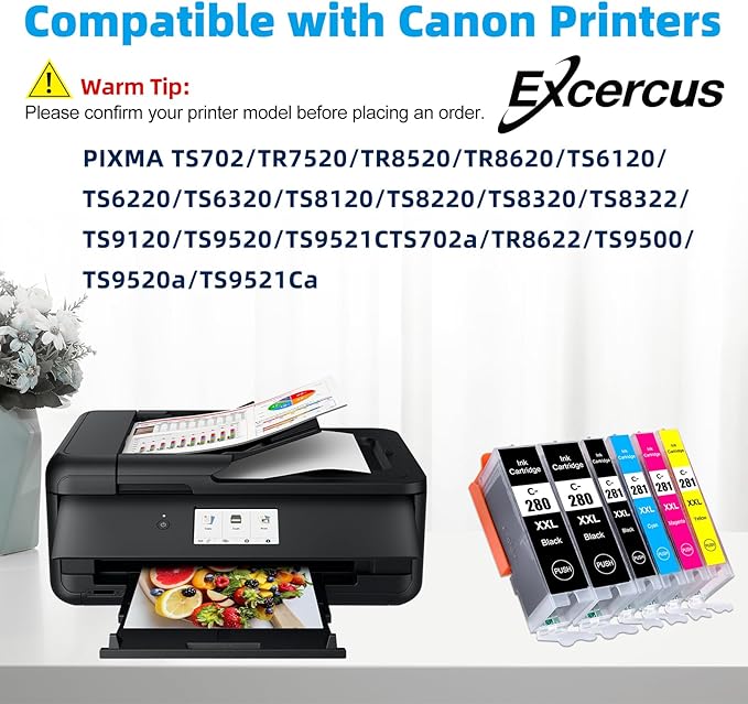 Compatible Ink Cartridge Replacement for Canon PGI-280 XXL CLI 281 Compatible with Canon Pixma TR7520 TR8520 TS6120 TS6220 TS6320 TS8120 TS8220 TS9120 TS9520 TS9521C (2PGBK & BK/C/M/Y 6 PK)