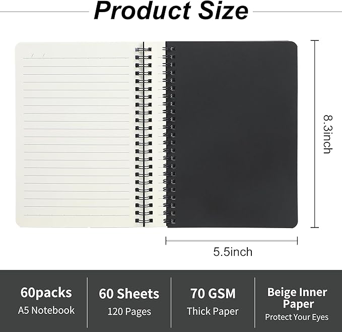miikoul 60 Packs A5 Spiral Notebooks, Black Ruled Notebooks Bulk, 8.3"×5.5", 60 Sheets/120 Pages, Hardcover Lined Journal Notepad Travel Notebooks for Office and Back to School Supplies