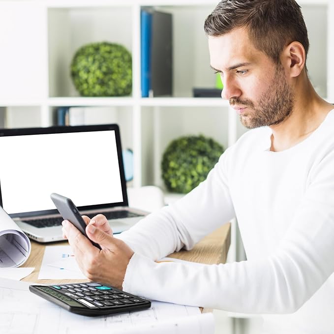 M&G Desk Calculator 12 Digit Office Calculators with Large LCD Display, Dual Solar Power and Battery, Recessed Big Button Calculator for Office Home School (Black, Pack of 5)