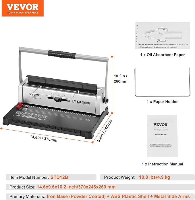 VEVOR Coil Binding Machine, Manual Book Maker 34-Holes Binding 120 Sheets, Punch Binder with Adjustable Side Margin, for Letter Size, A4, A5
