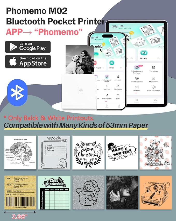 Phomemo Sticker Printer- Mini Thermal Sticker Printer Machine, Small Pocket Label Maker Instant Print for DIY Creation, Study Notes, Photos, Portable Inkless Photo Maker for Kids/Students, White